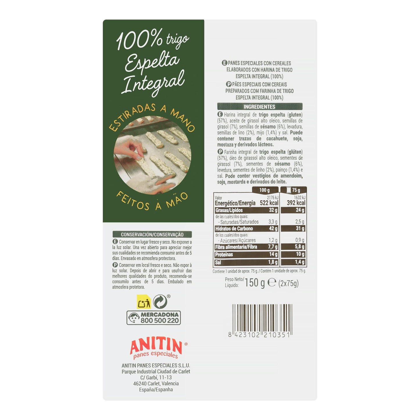 Palitos de Pan 100% Trigo Espelta Integral Anitin