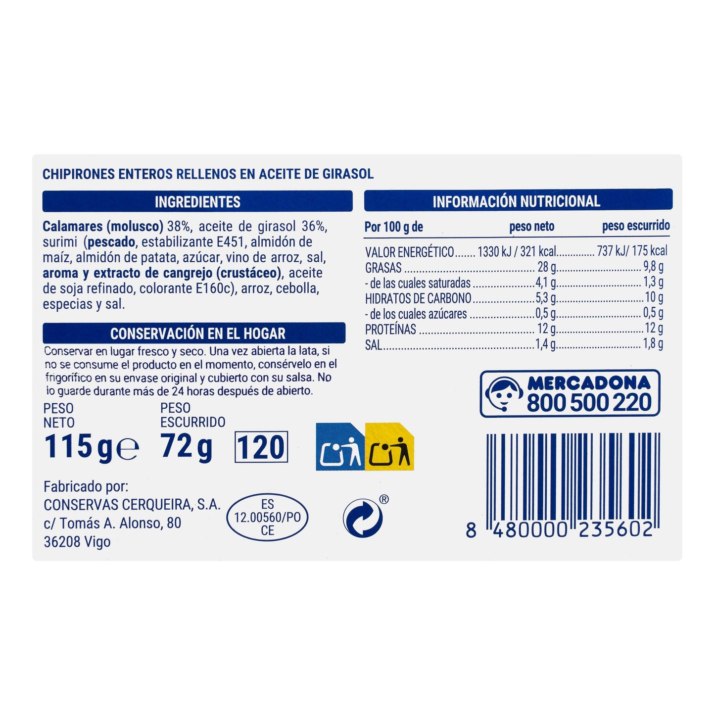 Chipirones Rellenos Enteros en Aceite de Girasol Hacendado