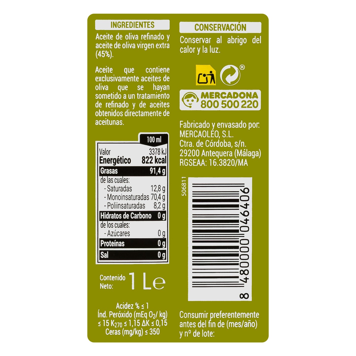 Aceite de Oliva 1º Hacendado 1L