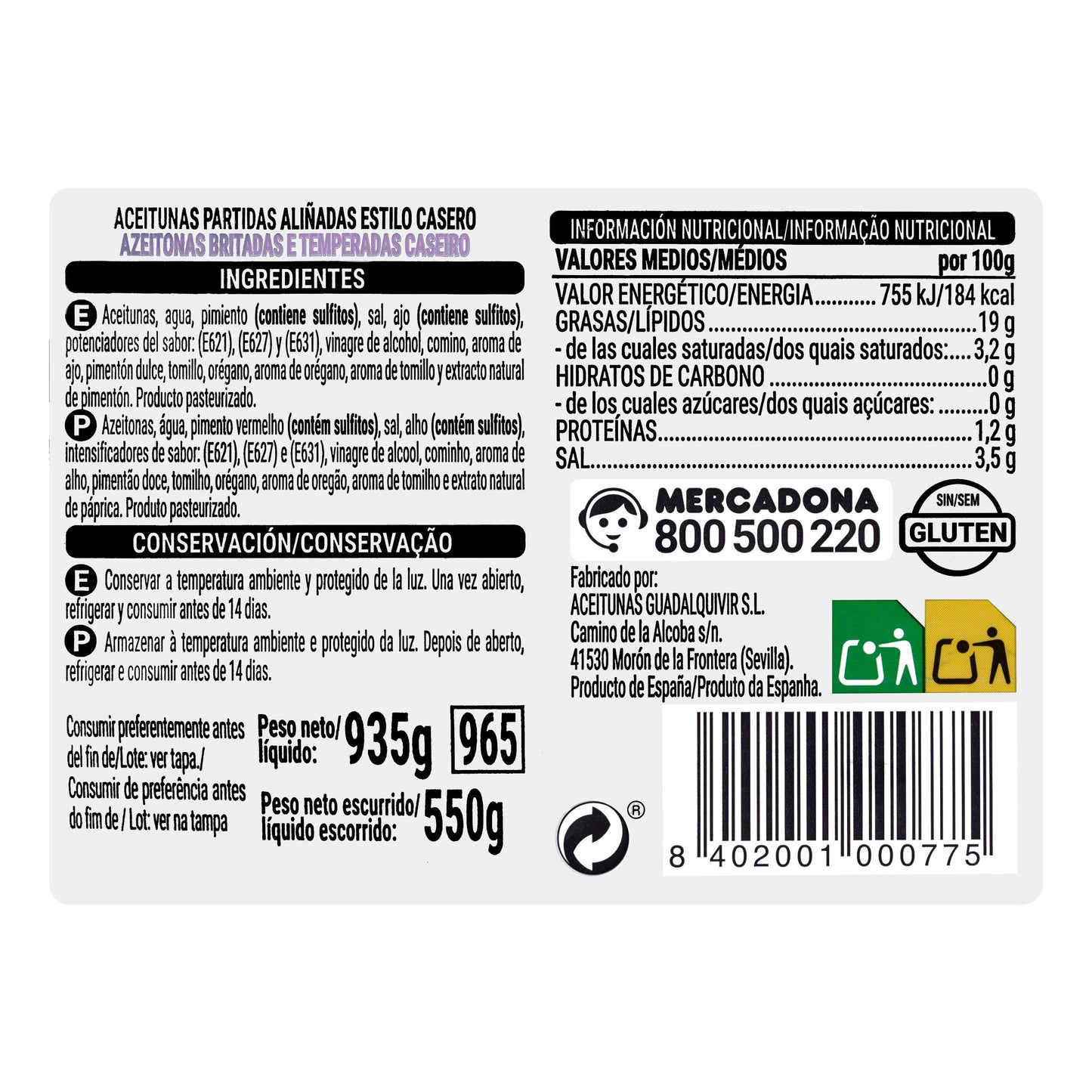 Aceitunas Verdes Estilo Casero Hacendado Partidas Aliñadas