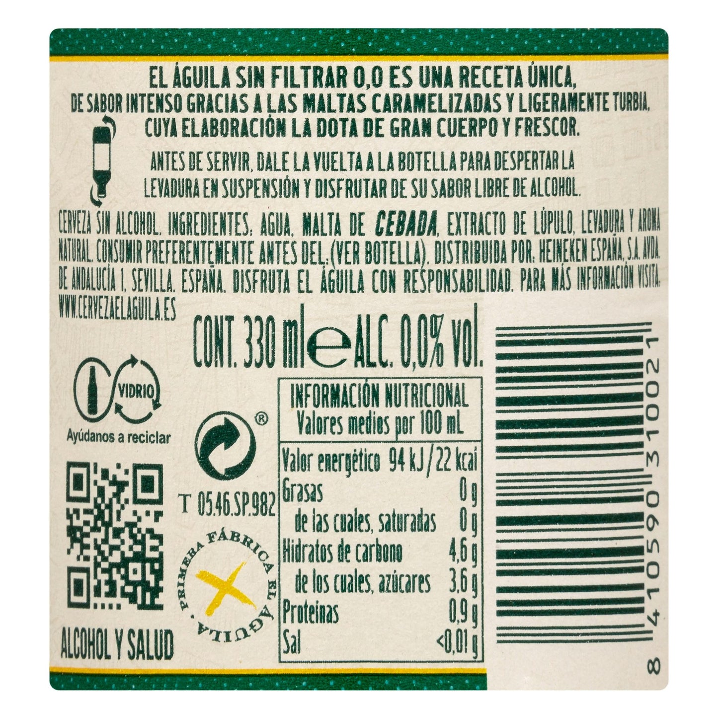 Cerveza 0,0% Sin Alcohol El Águila Sin Filtrar