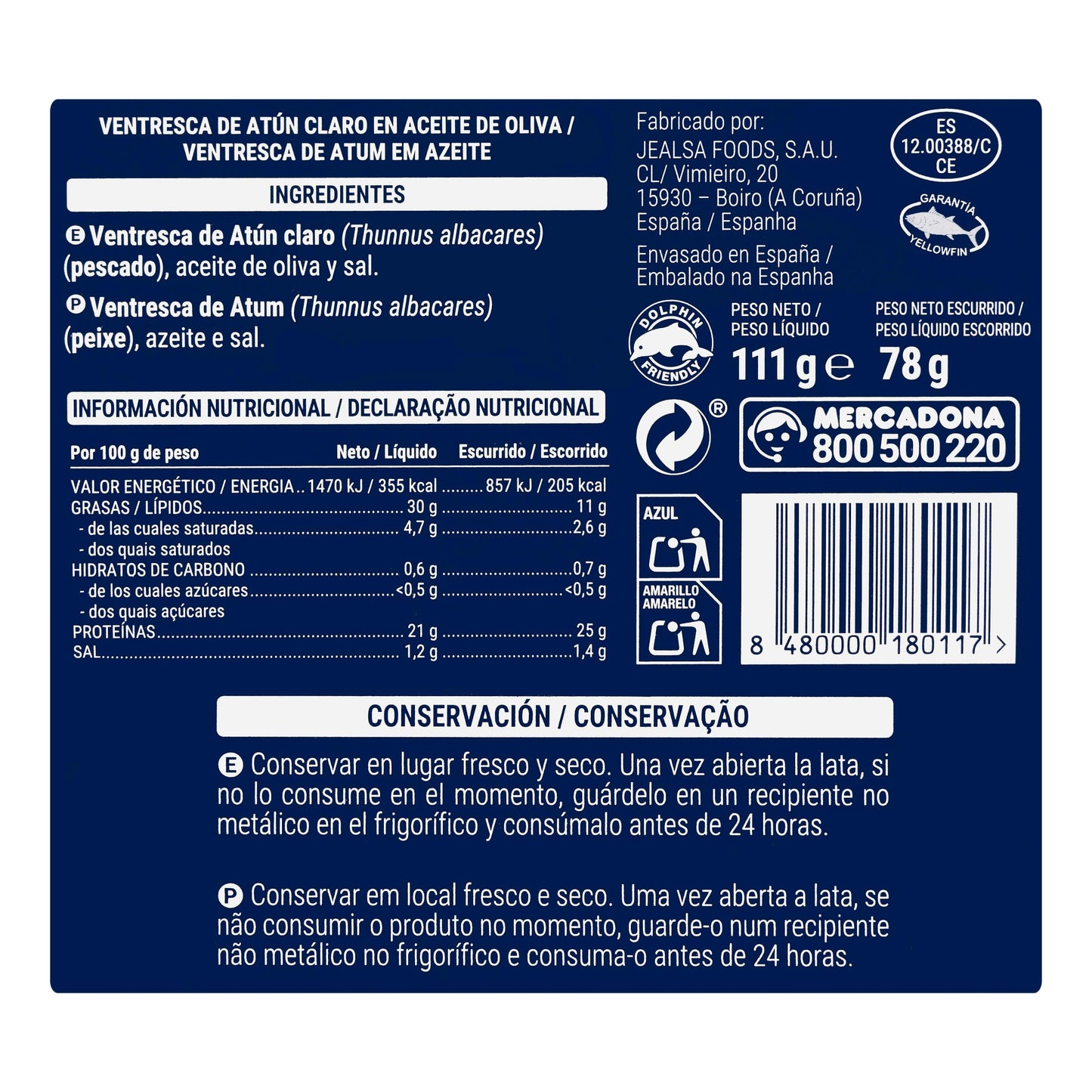 Ventresca de Atún Claro en Aceite de Oliva Hacendado 111GR