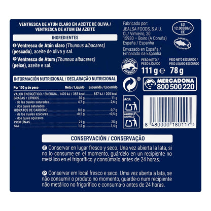 Ventresca de Atún Claro en Aceite de Oliva Hacendado 111GR