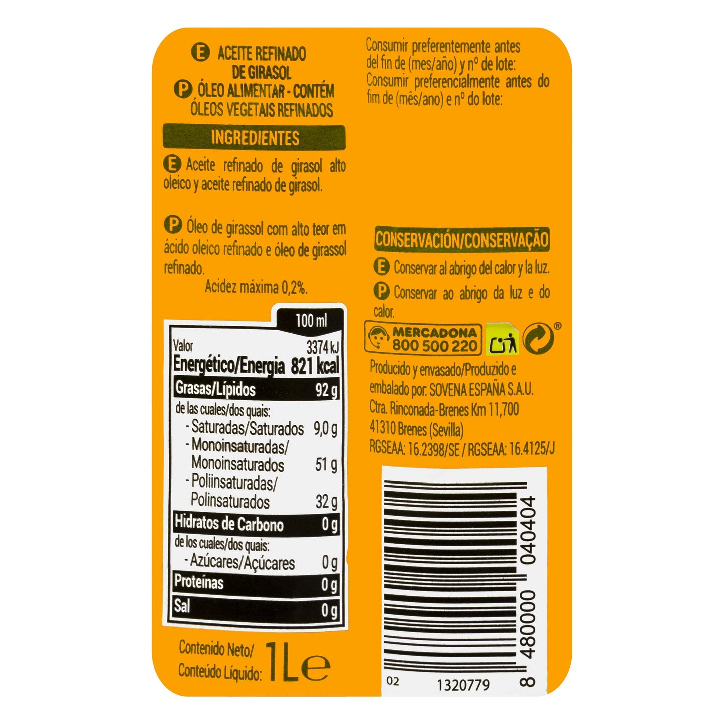 Aceite de Girasol Refinado 0,2º Hacendado 1L