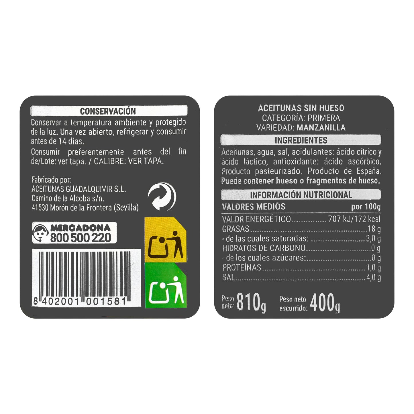 Aceitunas Verdes Sin Hueso Hacendado