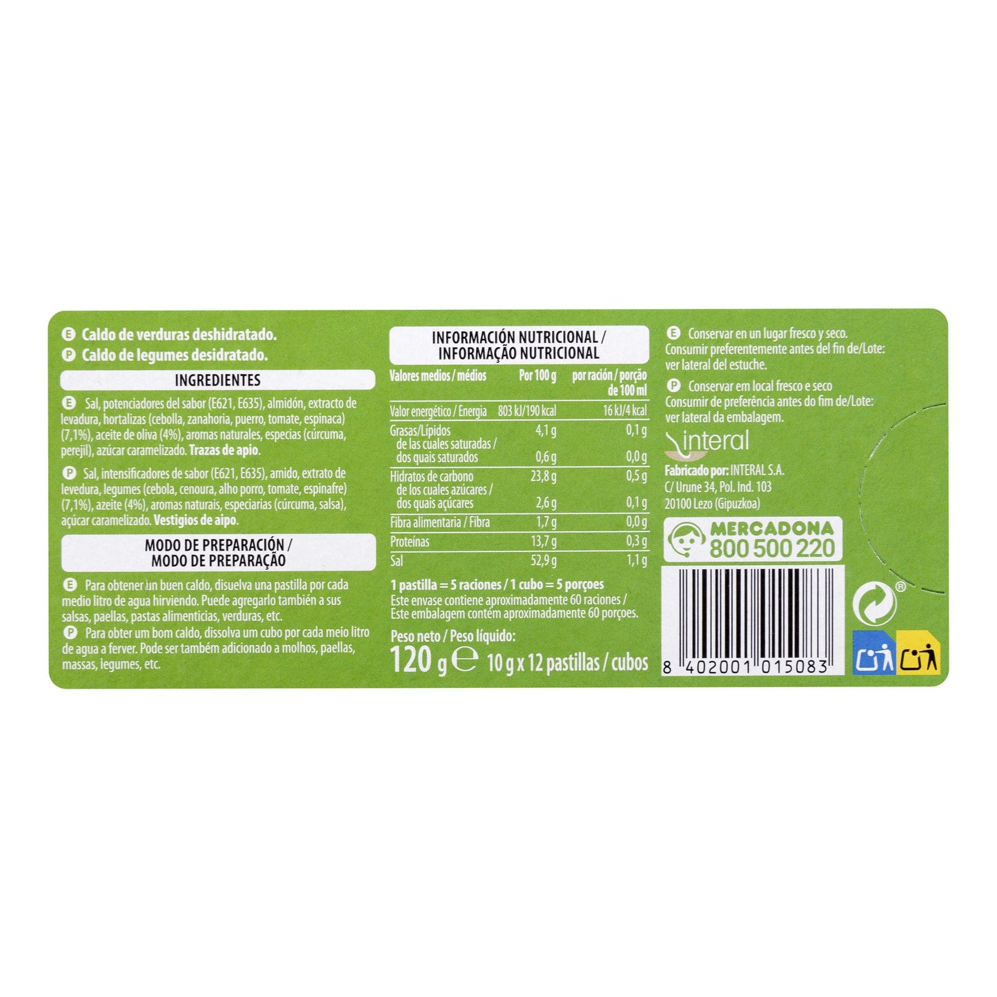 Caldo de Verduras Hacendado en Pastillas