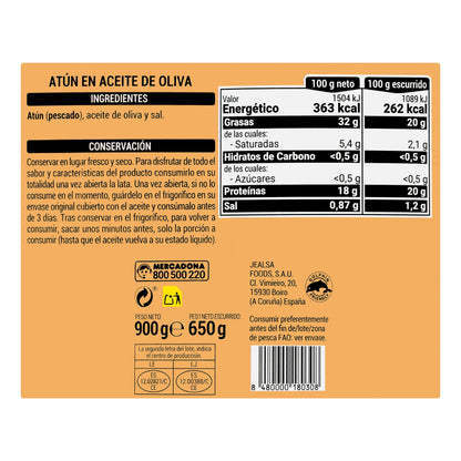 Atún en aceite de oliva Hacendado 900GR