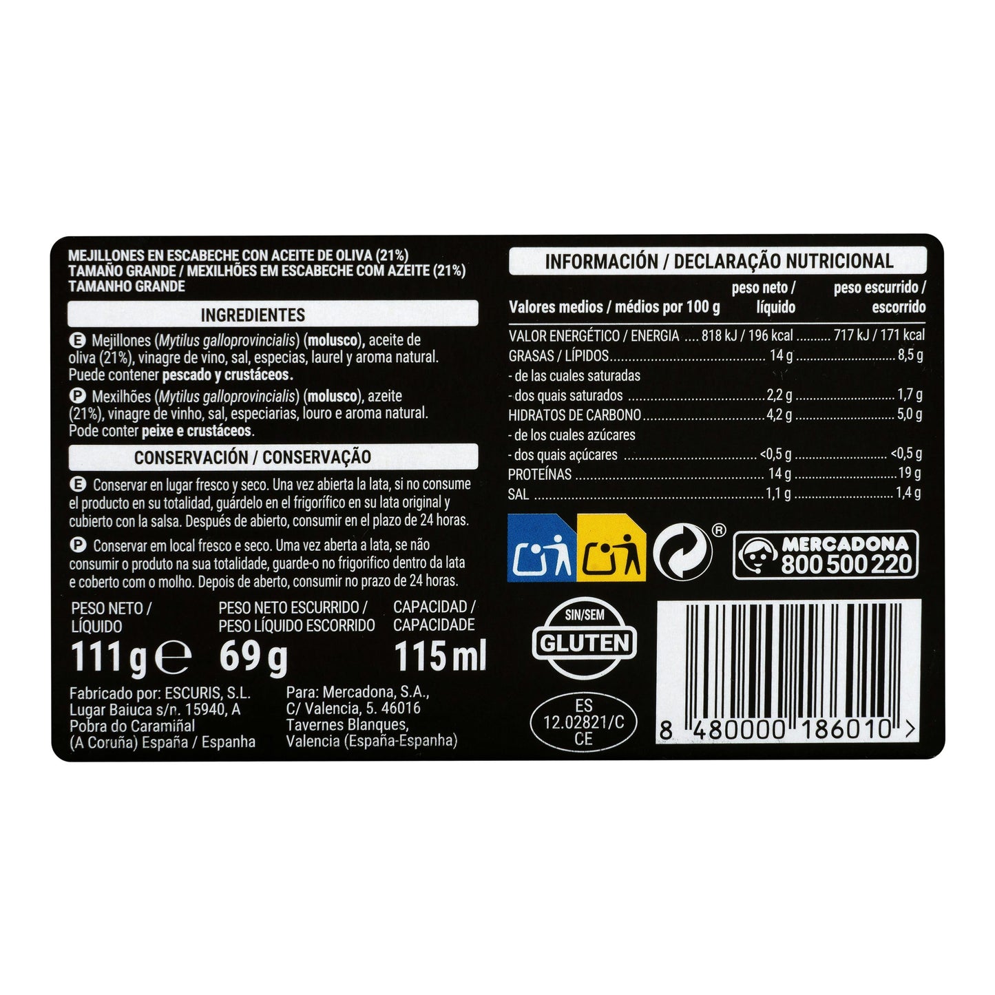 Mejillones en Escabeche Hacendado Grandes