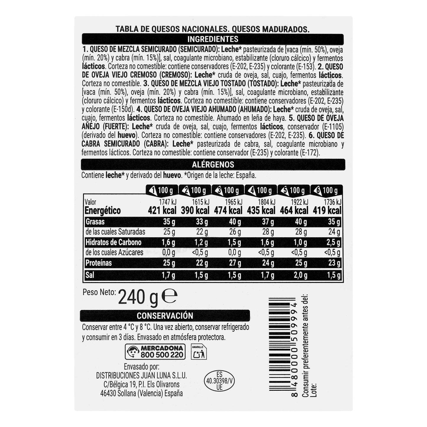 Tabla de Quesos Nacionales Hacendado