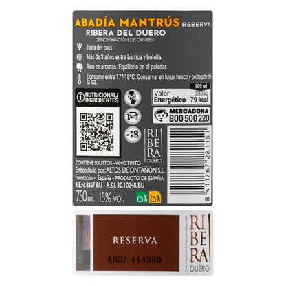 Vino Tinto D.O Ribera del Duero Abadía Mantrús Reserva